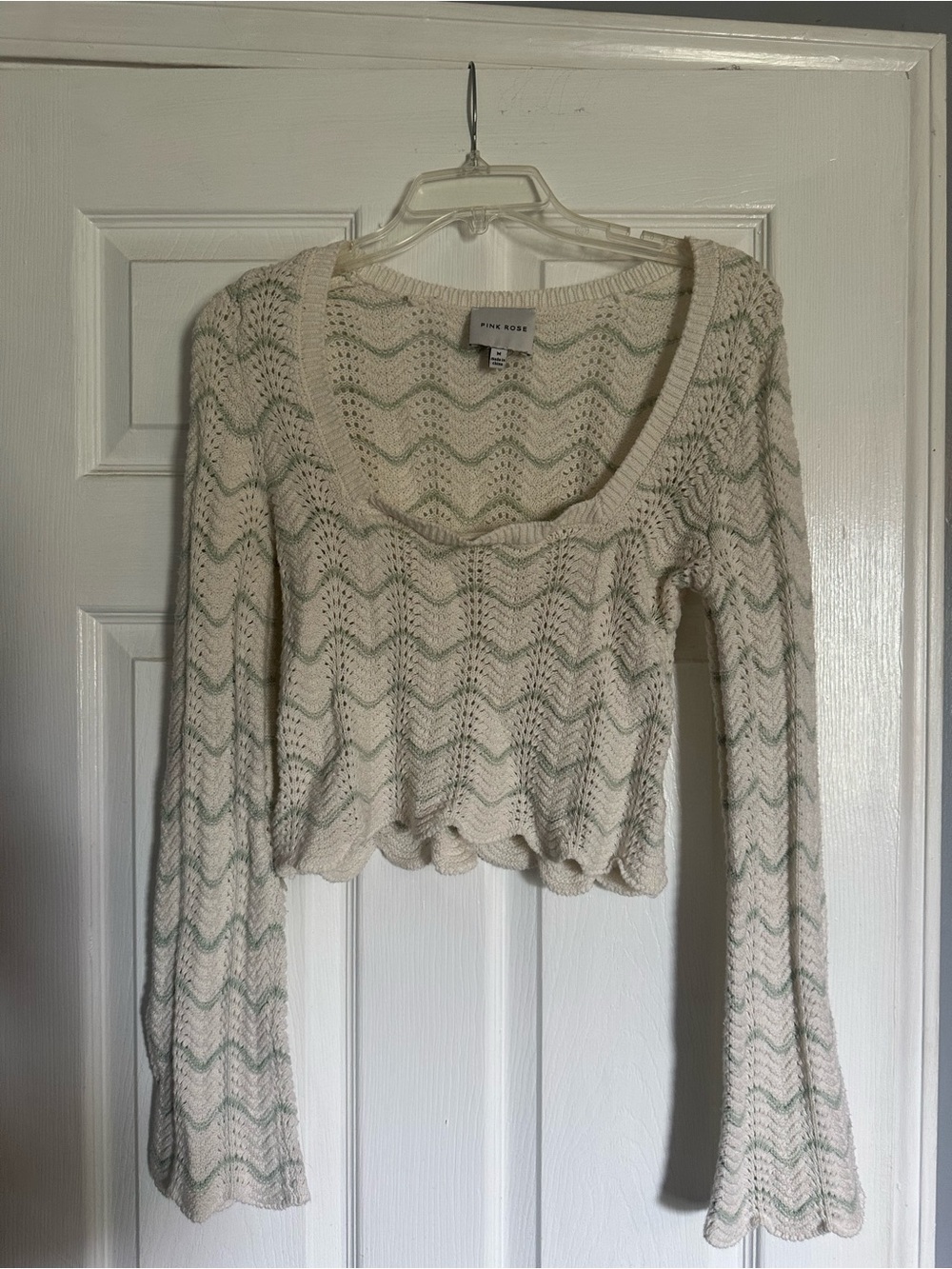 Pink Rose Cream Crochet Scoop Neck Long Sleeve Top with Mint Stripe